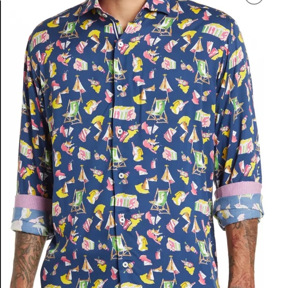 Bugatchi Shaped Fit Summer Fun Button Front Shirt… - image 3